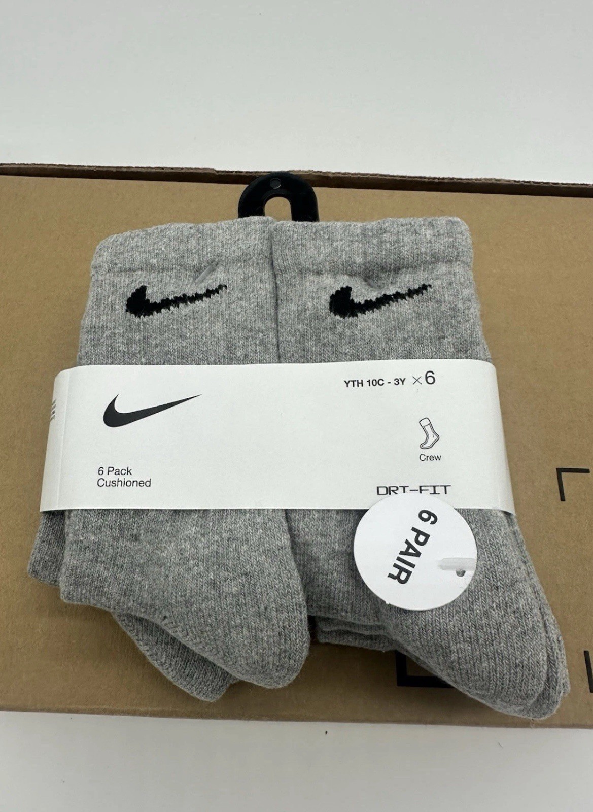 NEW 6 PAIRS NIKE YOUTH CUSHIONED CREW SOCKS SIZE 10C-3Y Grey