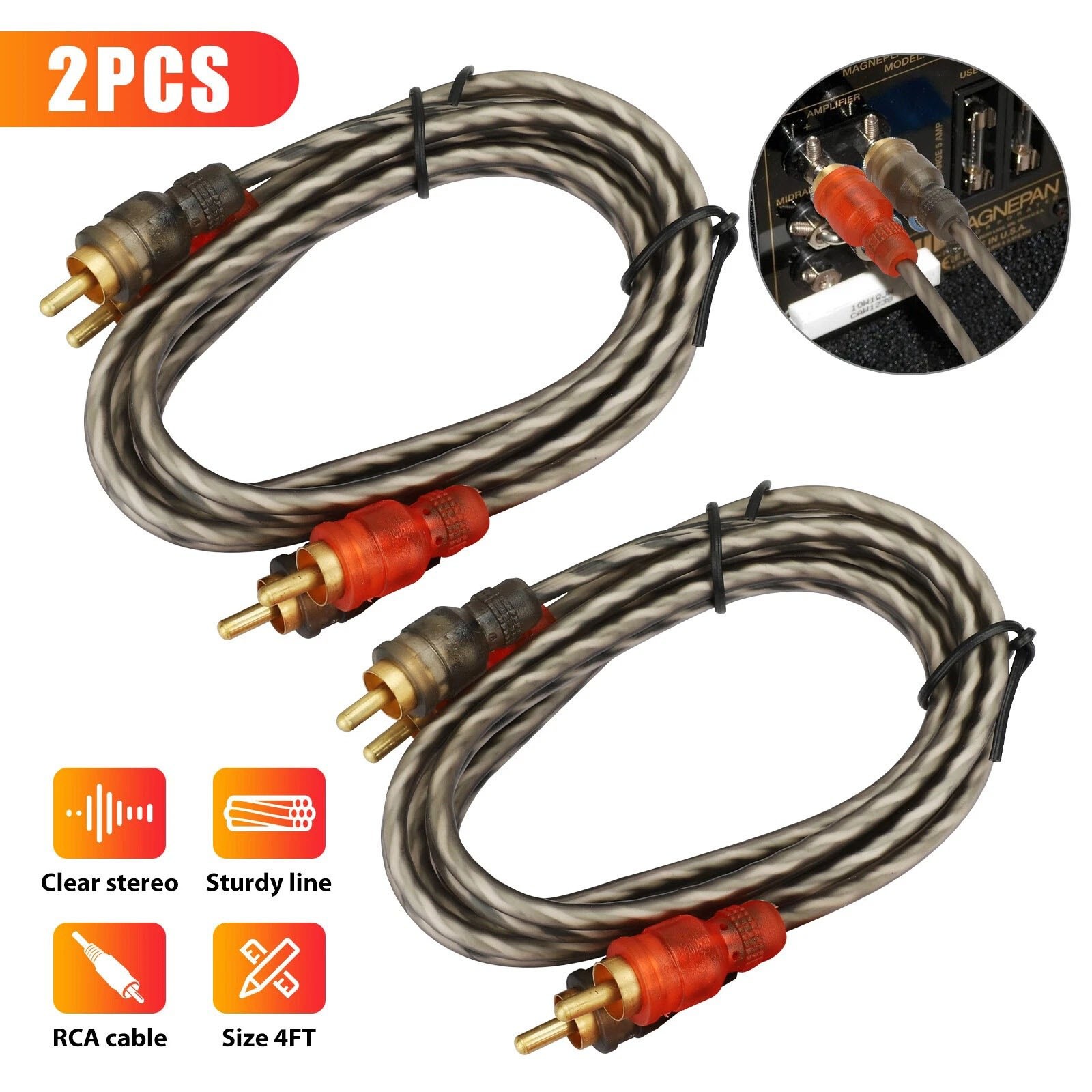Durable 2PCS RCA Cables 2 Channel Twisted 4Ft Audio Interconnect Amp Cable