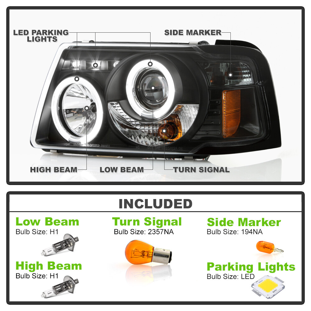 Blk 2001-2011 Ford Ranger LED Halo Projector Headlights w/Built In Corner Lamps