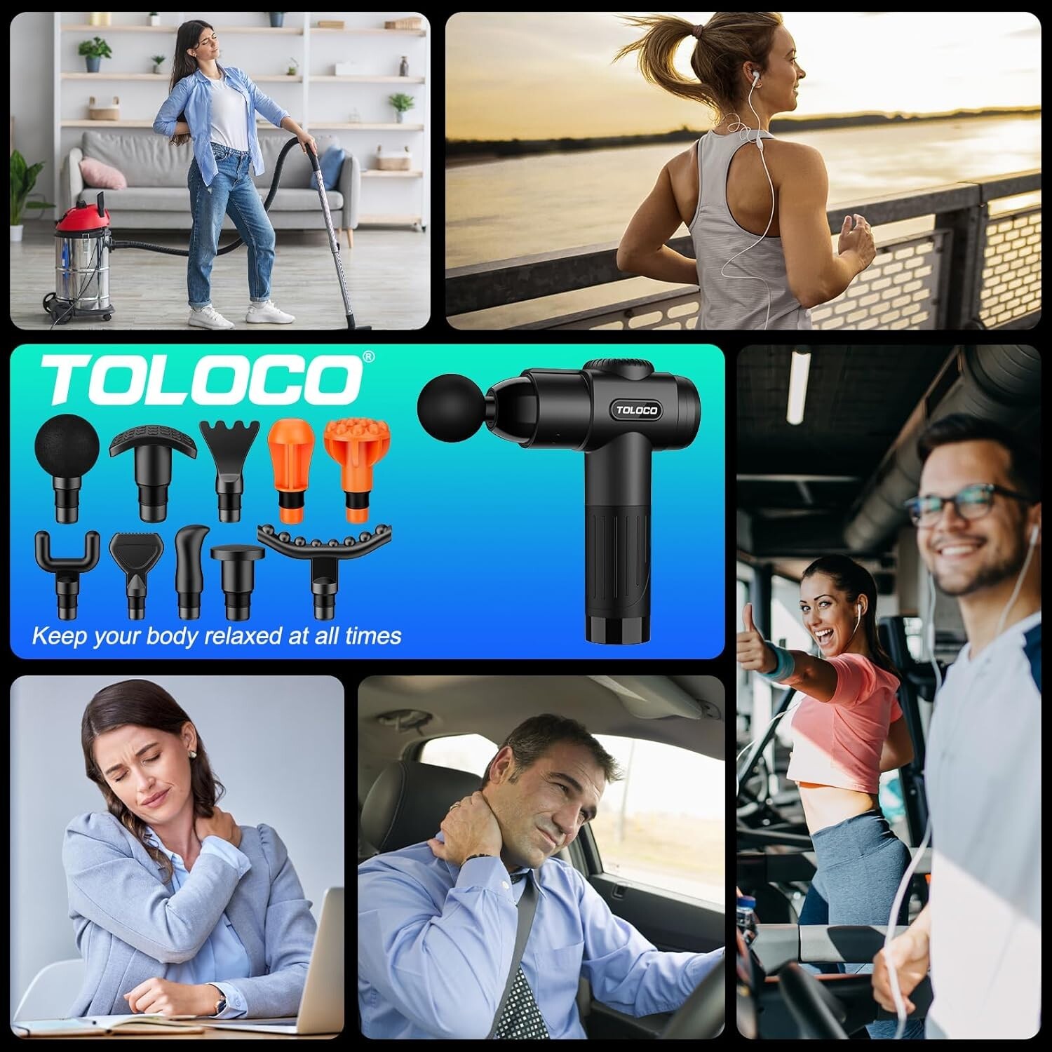 TOLOCO EM26 Deep Tissue Massage Gun 10 Heads Percussion Massager Black