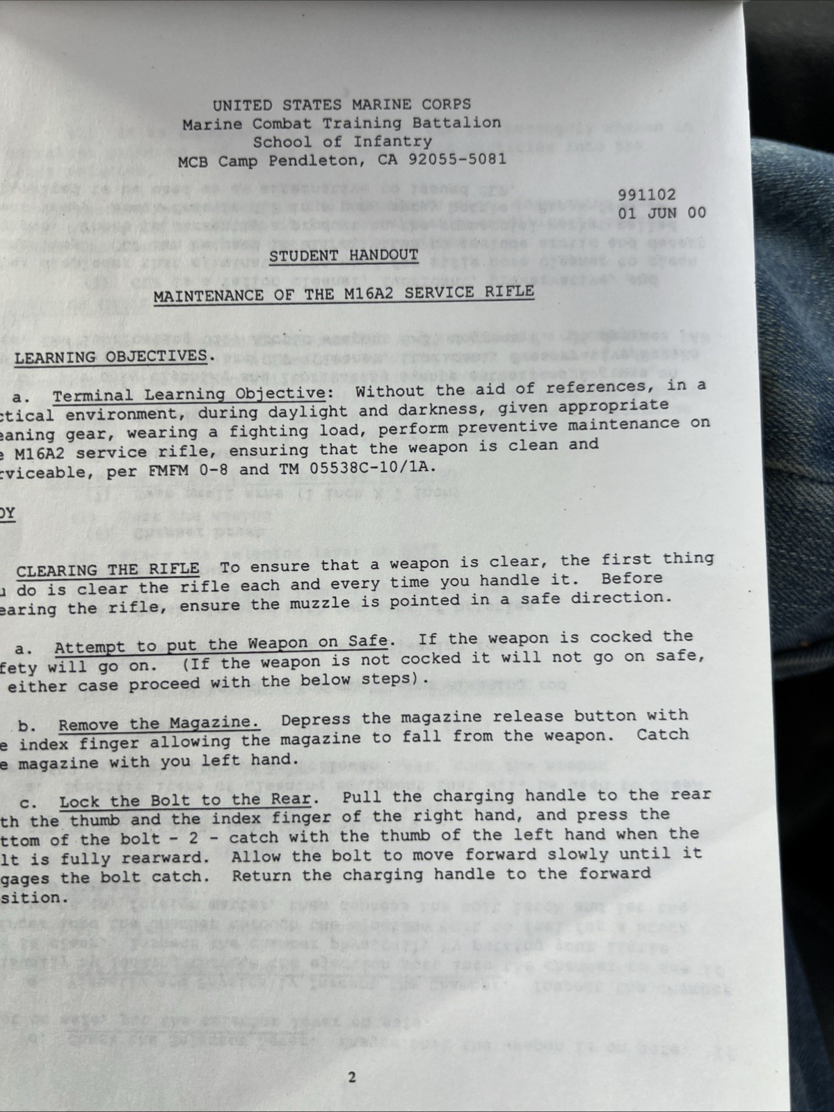 Marine Combat Training Battalion Student Handout Operation Leatherneck 2000 PB