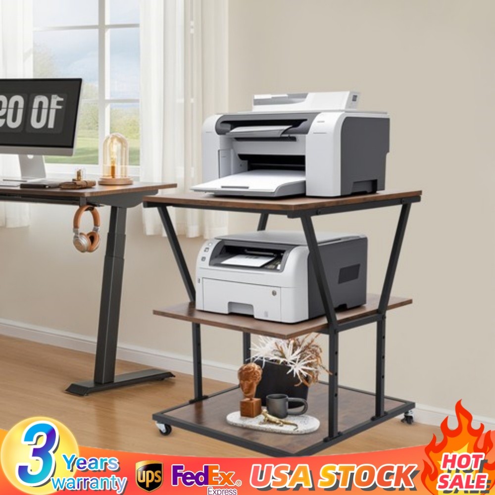 3-Tier Printer Stand with Adjustable Shelves & Wheels for Home/Office