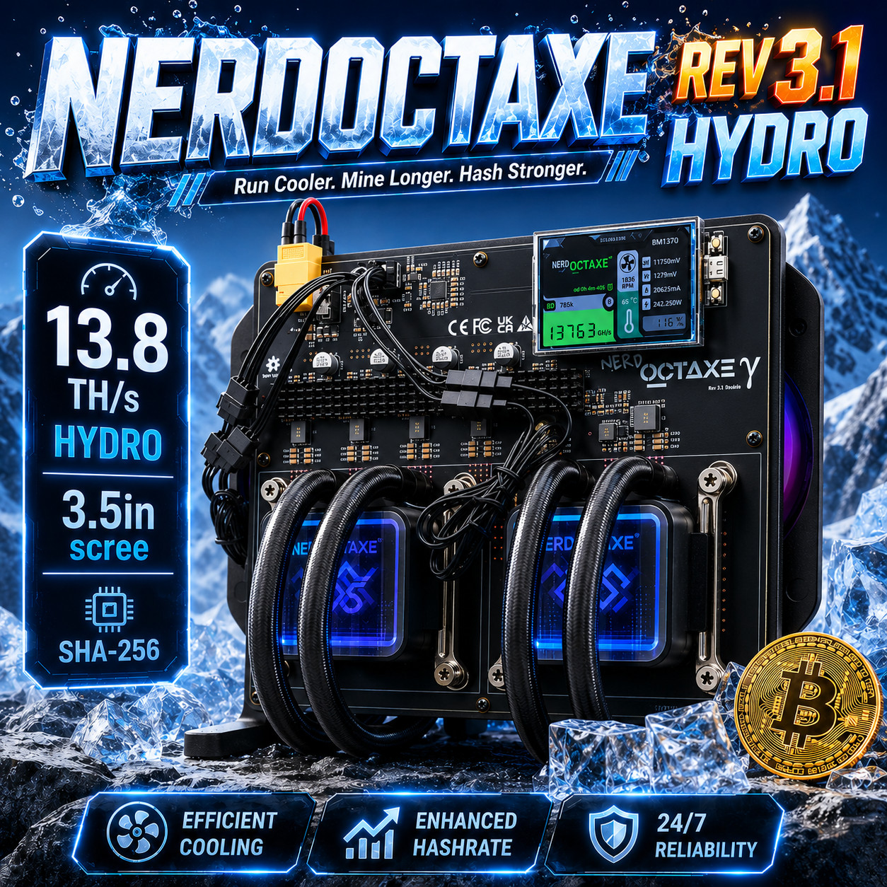 2026 New NerdOCTAxe Rev 3.1 Hydro 13.8TH/s Bitcoin Miner 3.5in screen Solo Miner