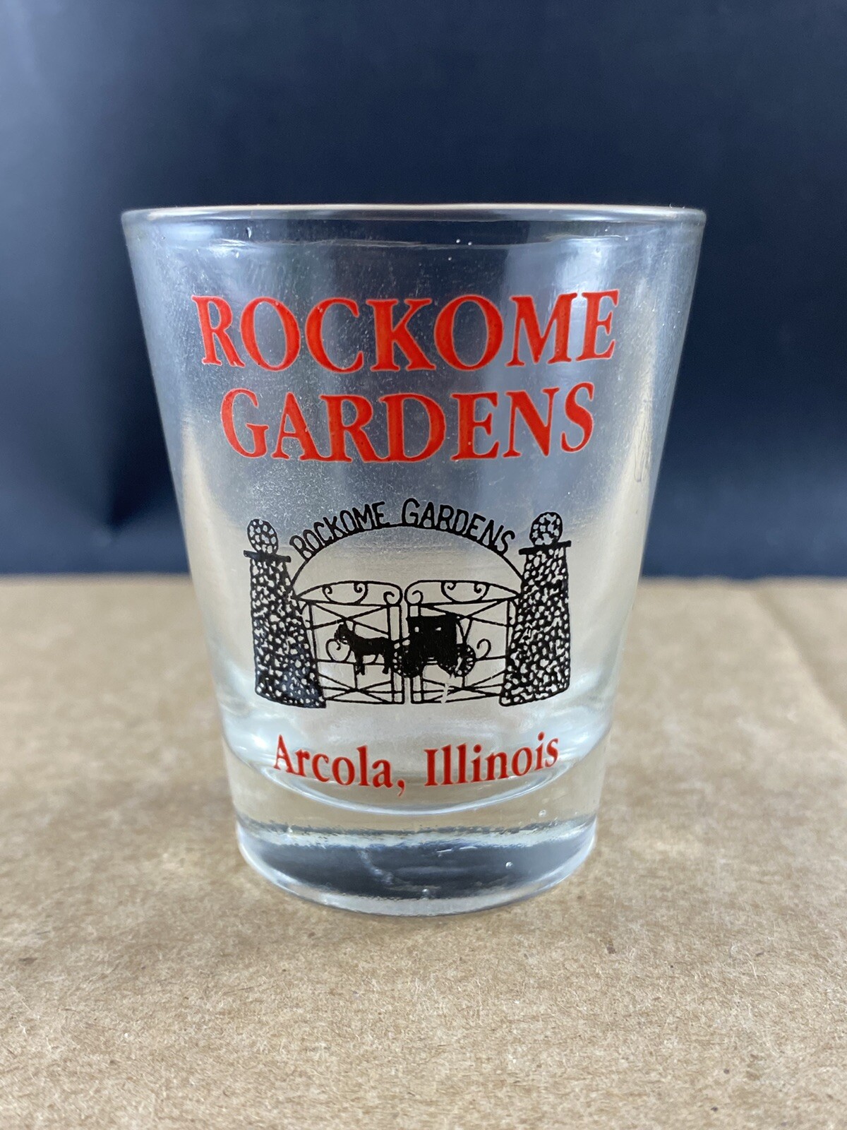 Rockome Gardens, Arcola, Illinois shot glass, COMBINED SHIP $1 PER MULTIPLE