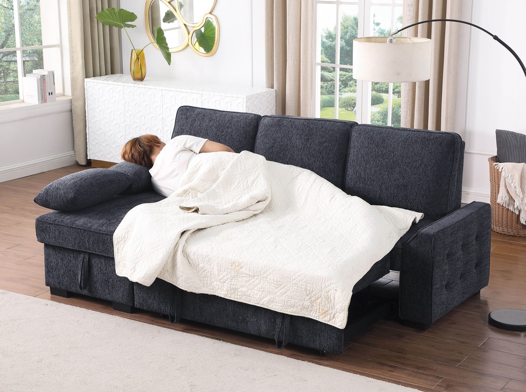 Mackenzie 91"W Charcoal Chenille Rev.Sleeper Sect. Storage+Cuphldrs+USB Ports