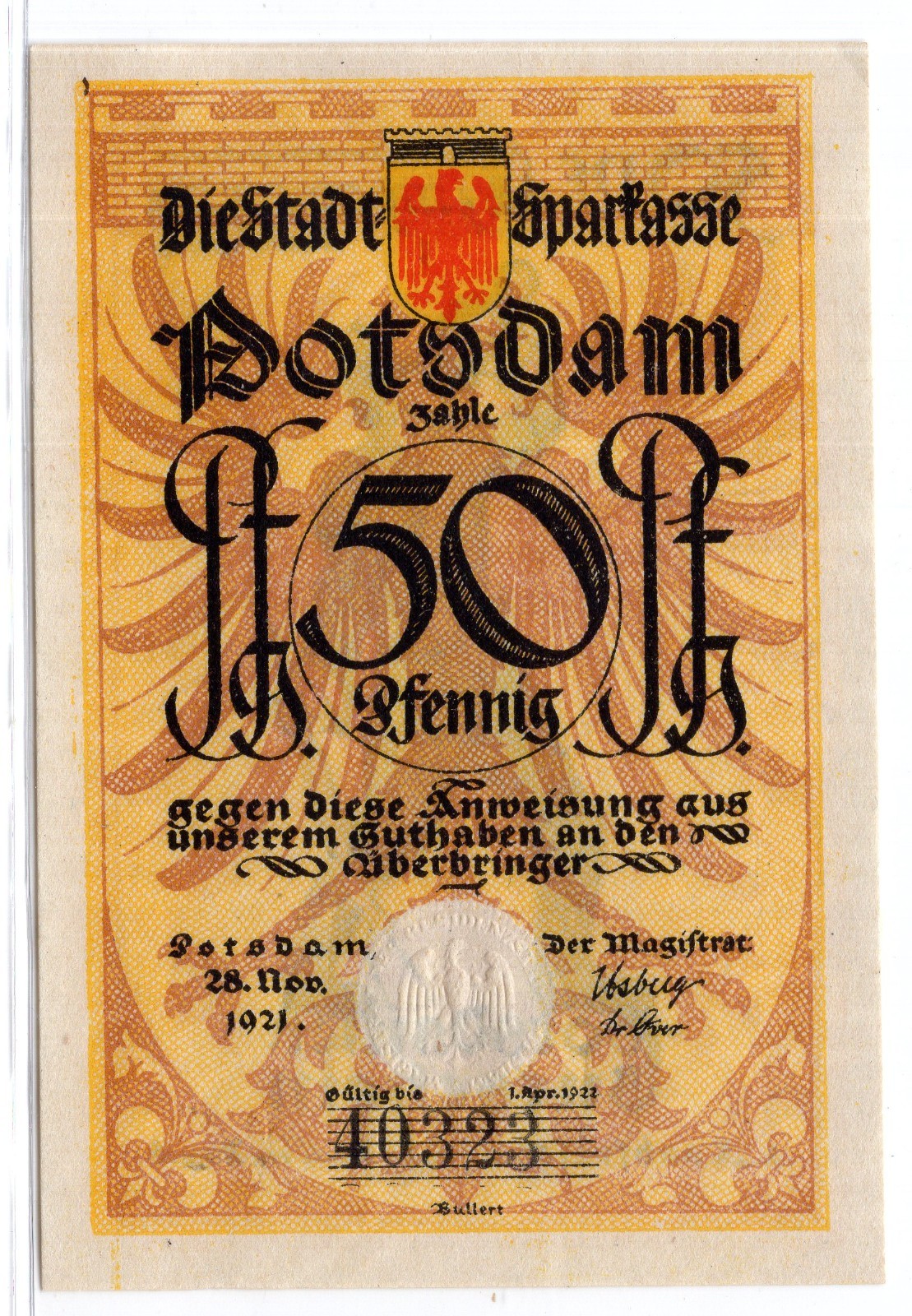 1921 Germany Potsdam Notgeld 50 Pfennig Note (3763)