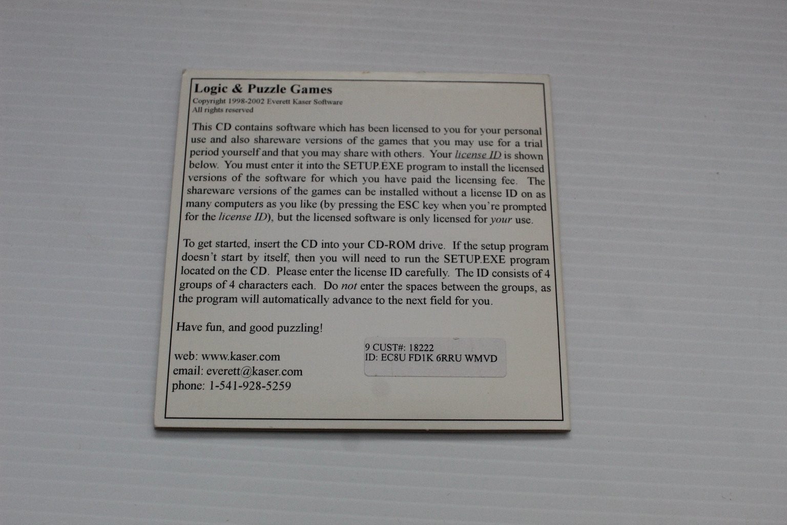 Logic & Puzzle Games Software Everett Kaser CD-ROM 2002 Shareware PC