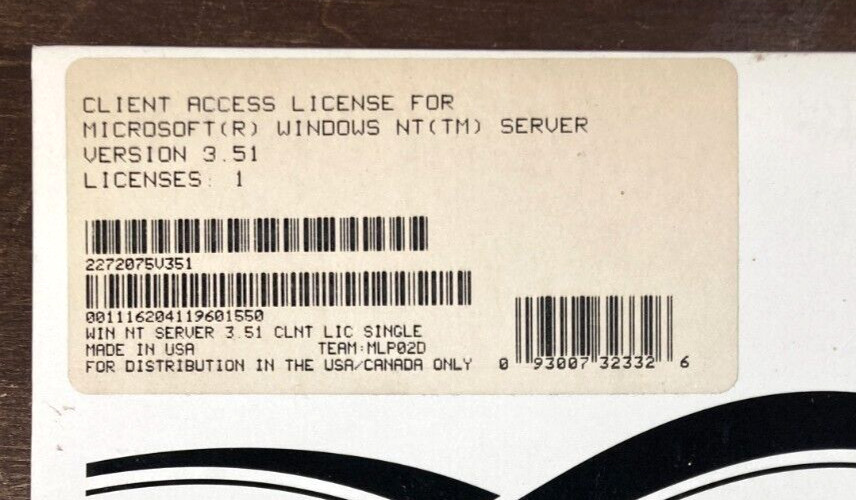 Microsoft Client License Pak Only No Media Windows NT Server Version 3.51 Sealed