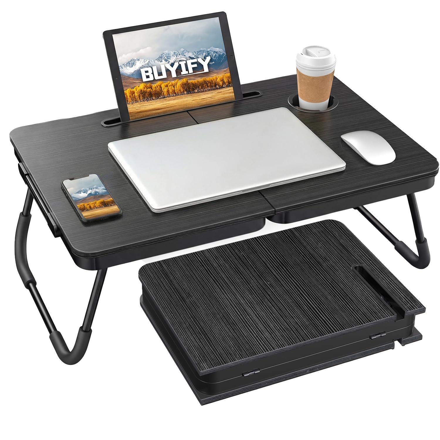 23.4" Foldable Lap Desk Bed Table with Cup Holder Tray Black