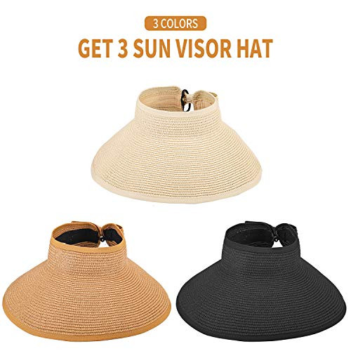 3PCS Foldable Straw Sun Visor Hats for Women, One Size Nature+black+beige 3pcs