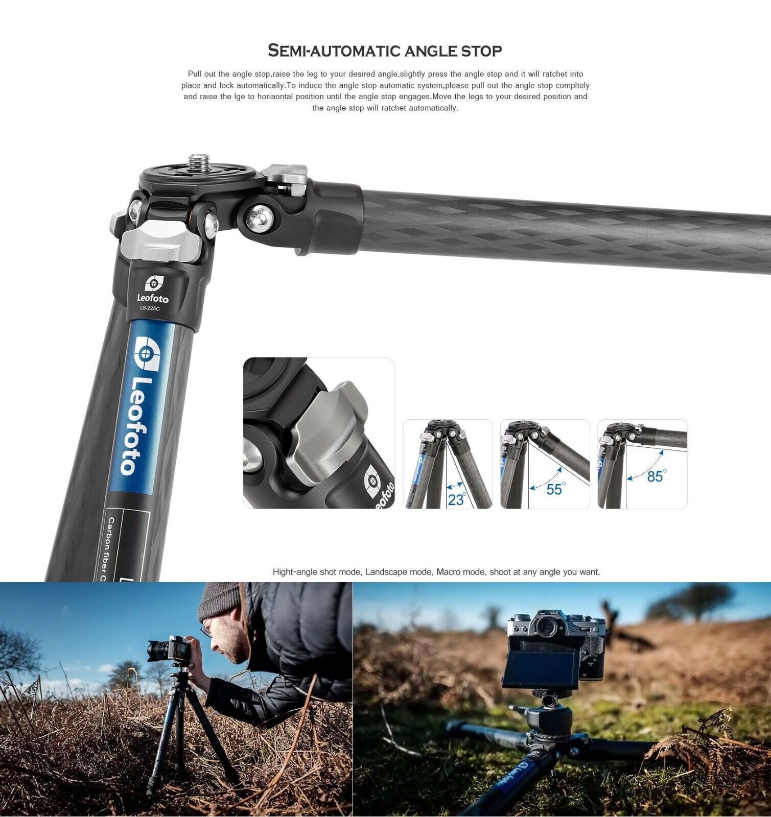 Leofoto LS-225C + LH25 + DC-222C Professional Carbon Fiber Tripod Set