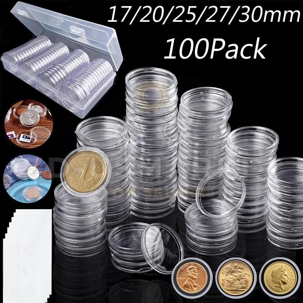 100Pack Coin Clear Capsule Round Plastic Holder Storage Container Box Case 30mm