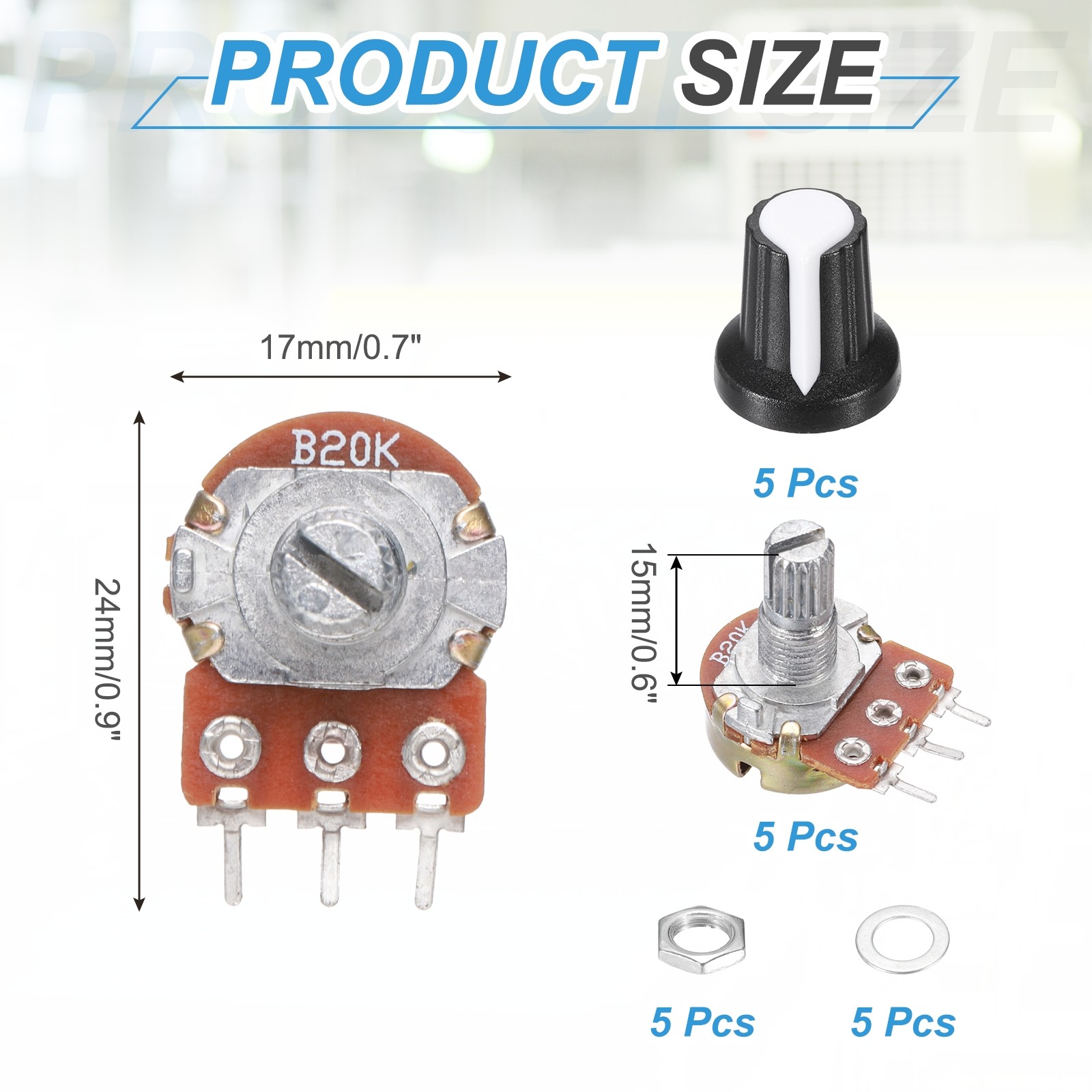 5Pcs WH-148 Potentiometer 3Pins B20K±20% Ohm Variable Resistor with 5 Knobs