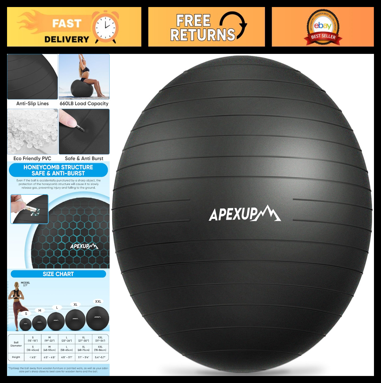 Anti-Slip Yoga Exercise Ball - Heavy Duty Fitness, Balance & Core Workout, 5 Siz