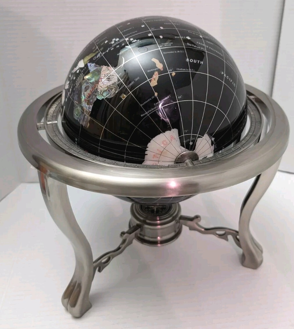 World Globe-Semi-Precious Inlaid Stone and Shells w Compass