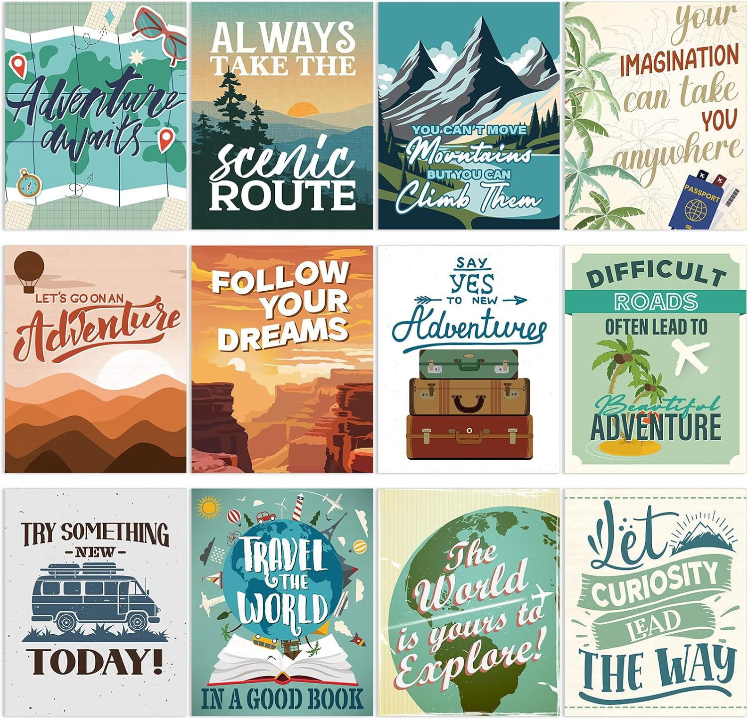12 Pack Adventure Awaits Classroom Decor Posters, Vintage Travel Bulletin Board