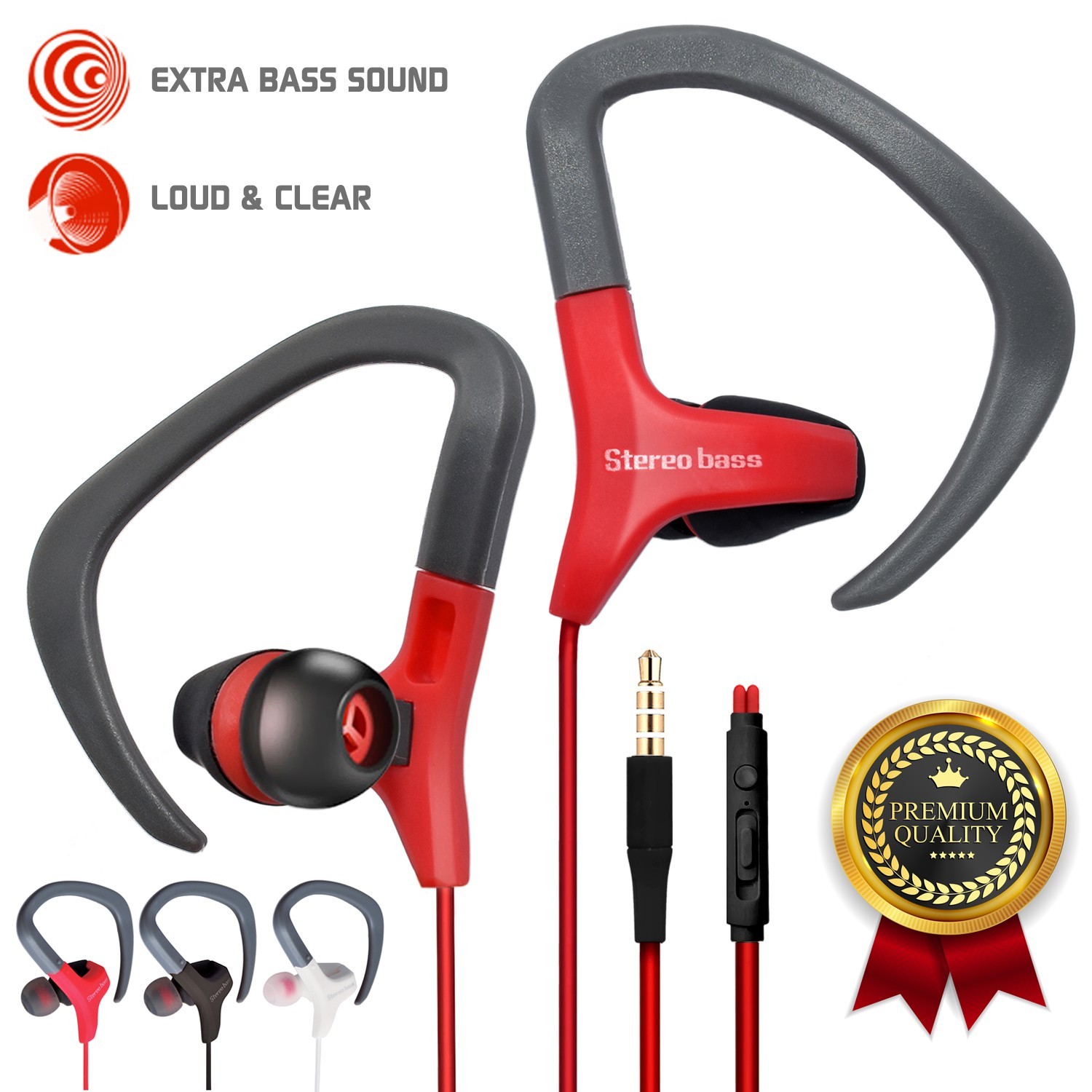 Universal Sweat-Proof Sport Wired Stereo Earphones Over-Ear Hook w/ Mic Workout