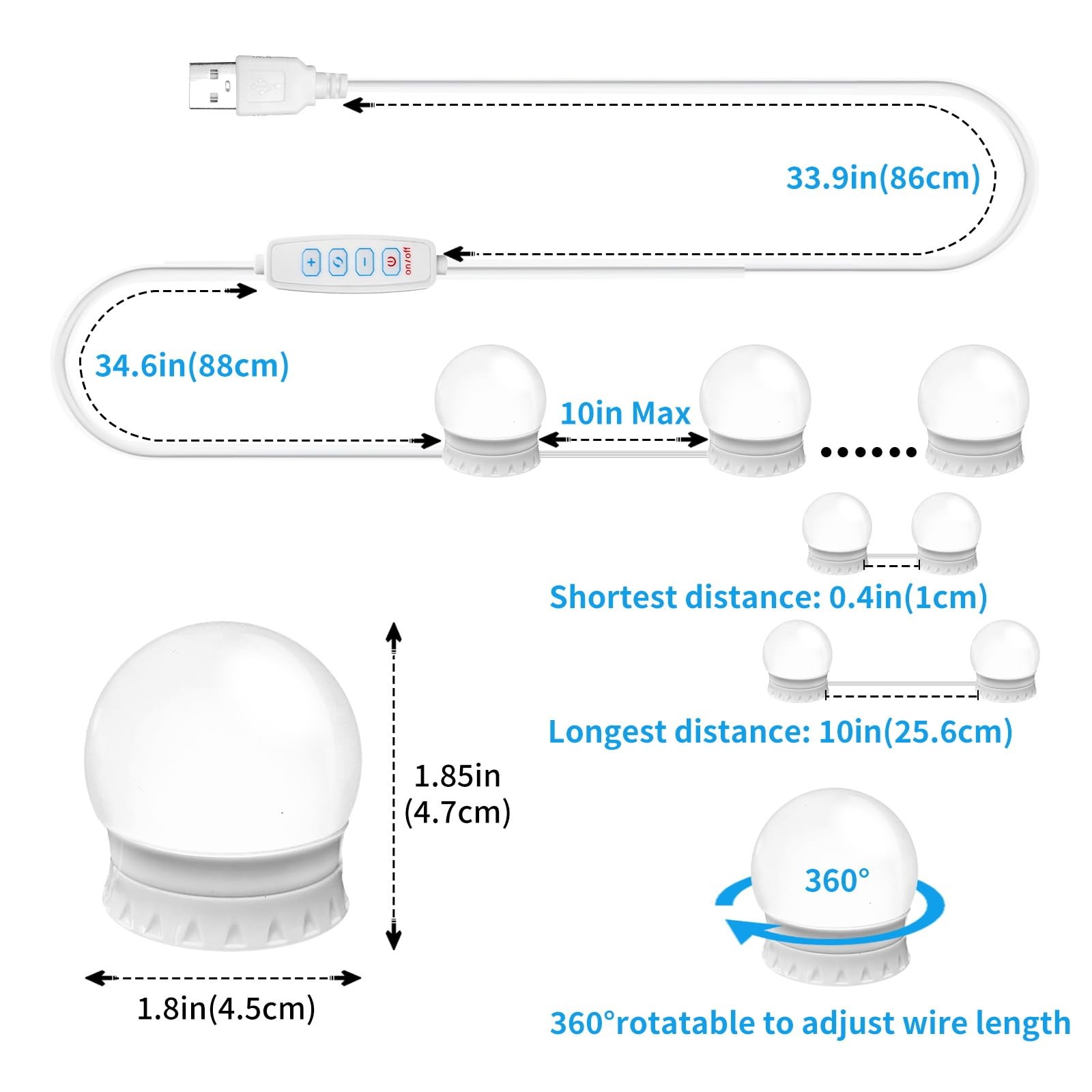 Mirror Vanity Lights 12 Dimmable Bulbs 3000K-6500K USB Powered LED Adjustable