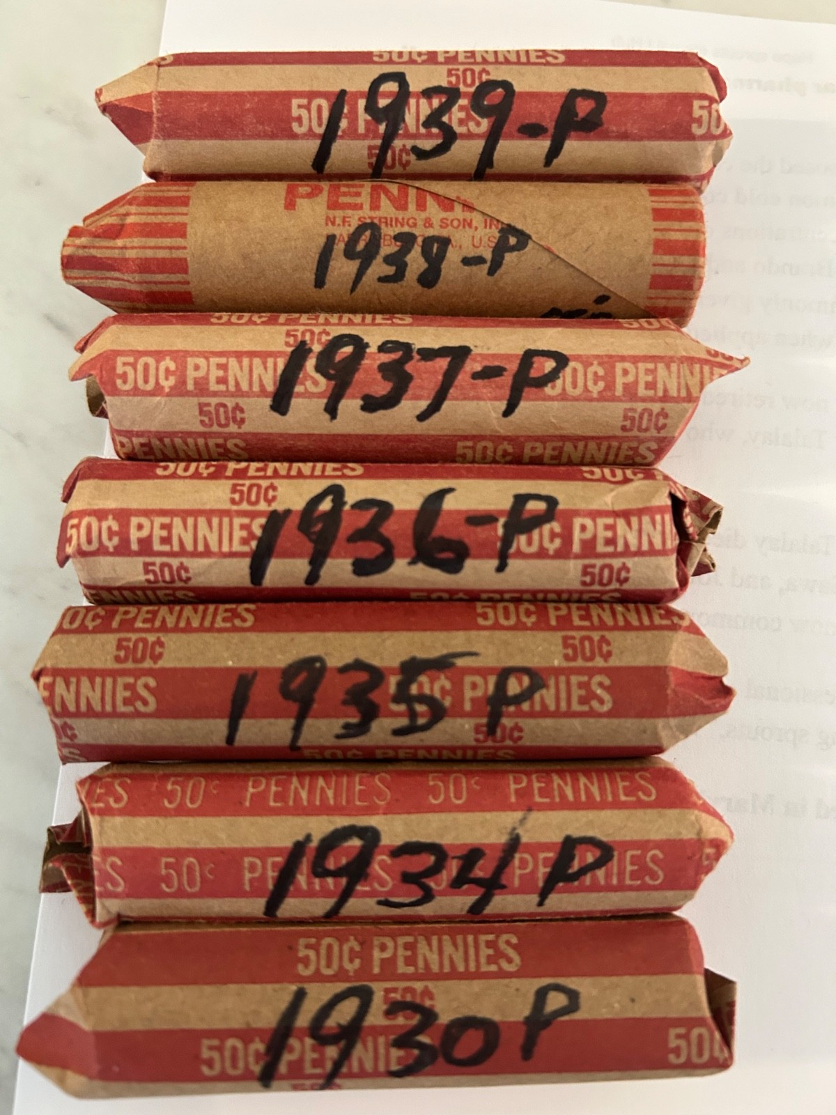 1930’s wheat penny rolls 1930P thru 1939P