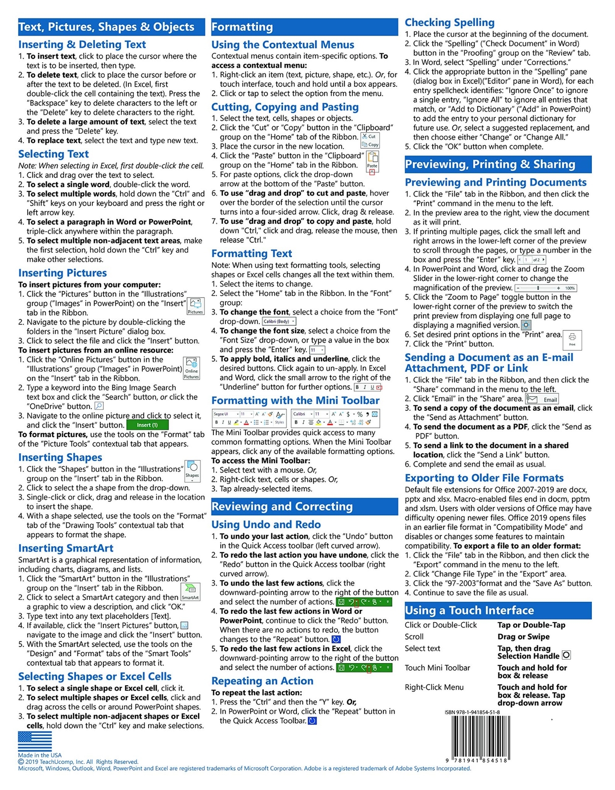 Microsoft Office 2019 Training Guide Quick Reference Card 2 Page Cheat Sheet