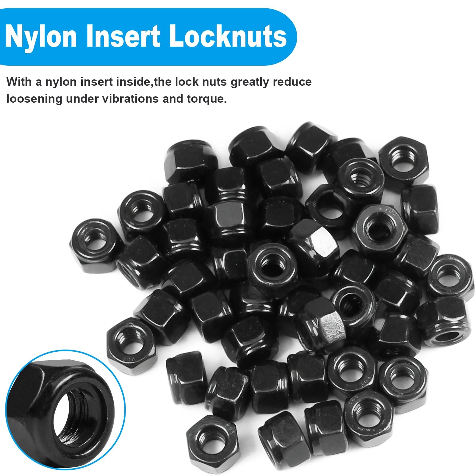 Yinpecly 50Pcs #8-32 Nylon Insert Hex Lock Nuts 304 #8-32; 50pcs, Black