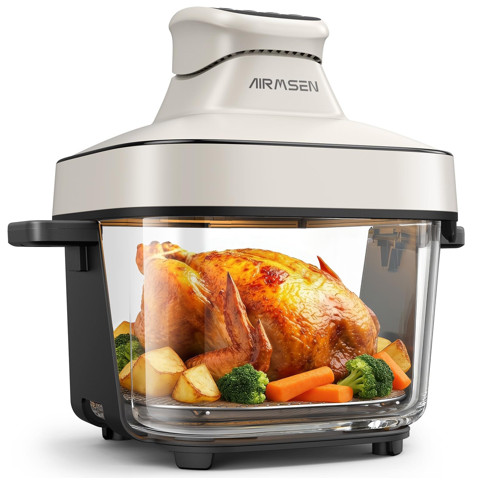 AIRMSEN 6.3 QT Glass Air Fryer Non-Toxic, 4 Presets & Manual 6.3Qt, Cream