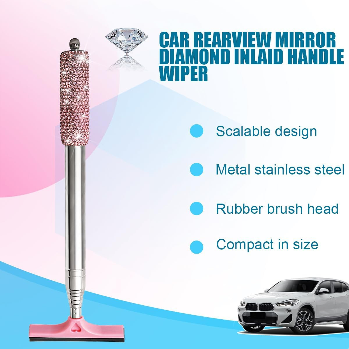 Bling Car Rearview Mirror Wiper, Retractable Rhinestone Vehicle Window Squeegee