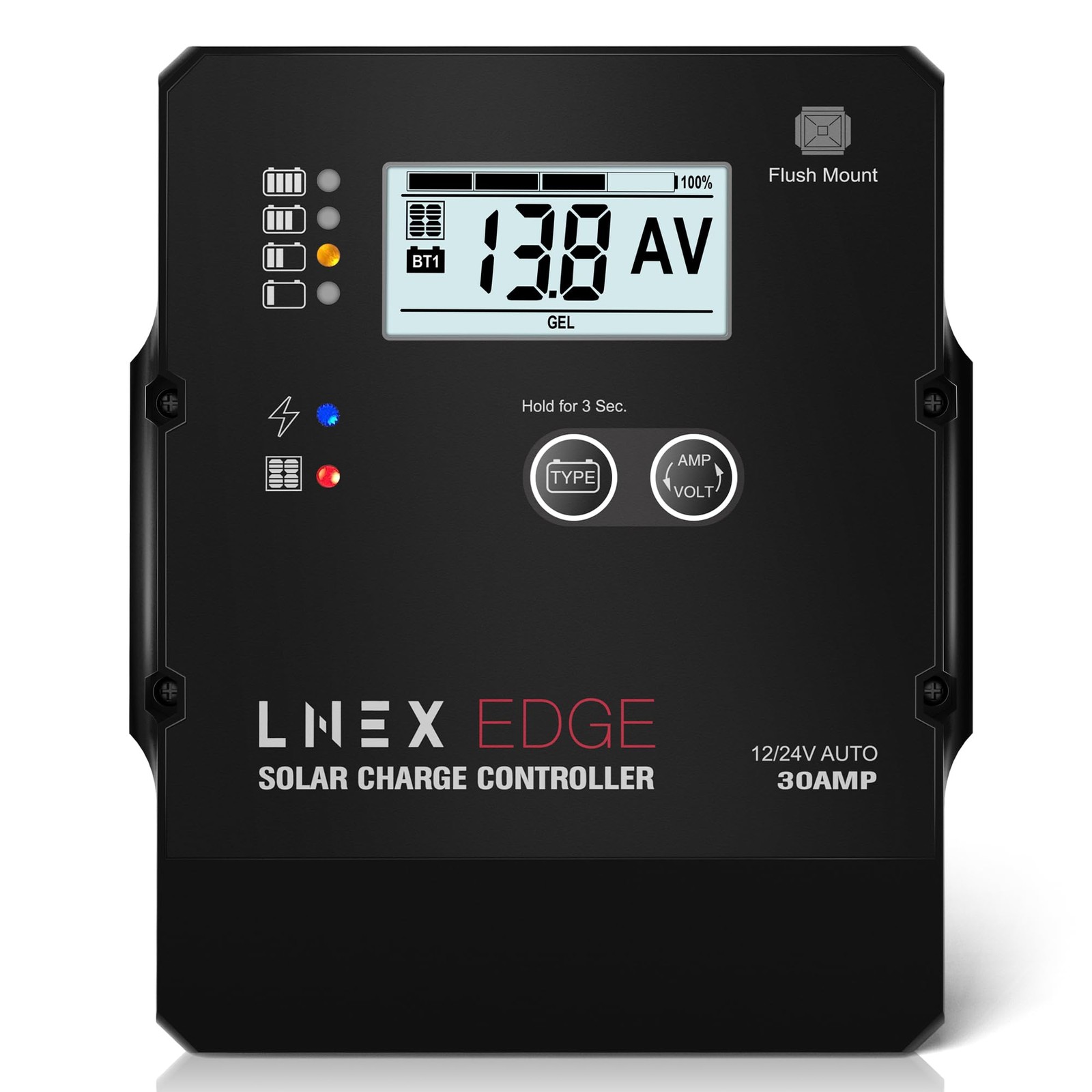 LNEX Solar Charge Controller Flush Mount Design, 6 Stage Charging LCD Display