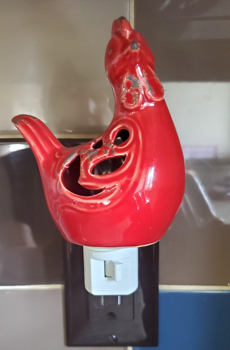 Red  Cut Ceramic Night Light Rooster Plug swivels.  Cottage Core Light Bulb Inc.