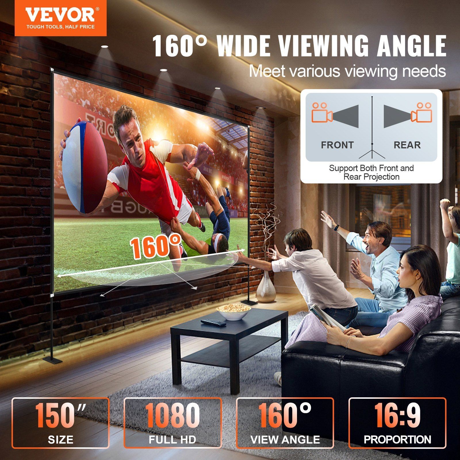 High-Gain 150in 4K Projector Screen 16:9 Aspect w/ Ground Nails