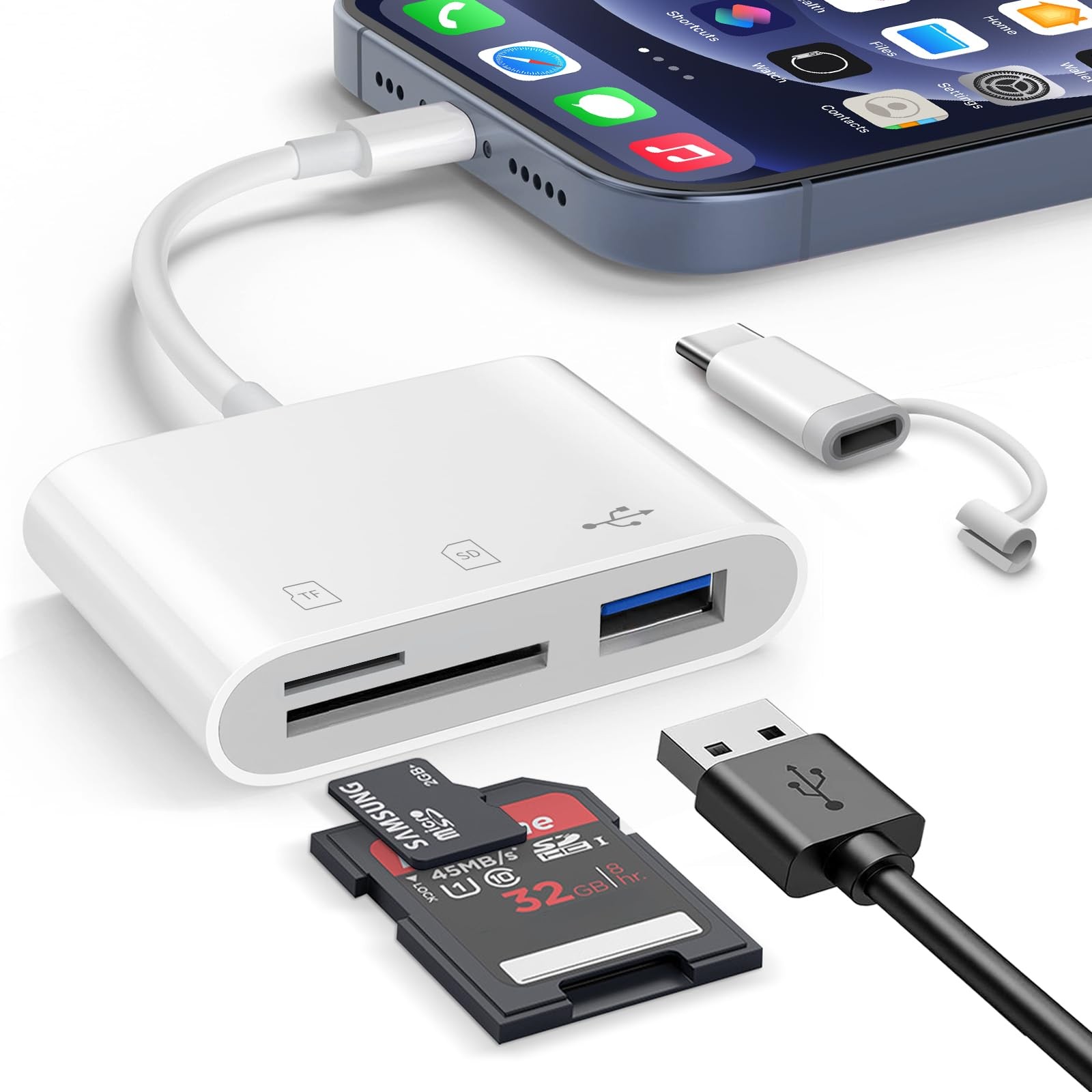 SD Card Reader for iPhone, 3 Slots USB-C Dual Connectors 3-slots, White