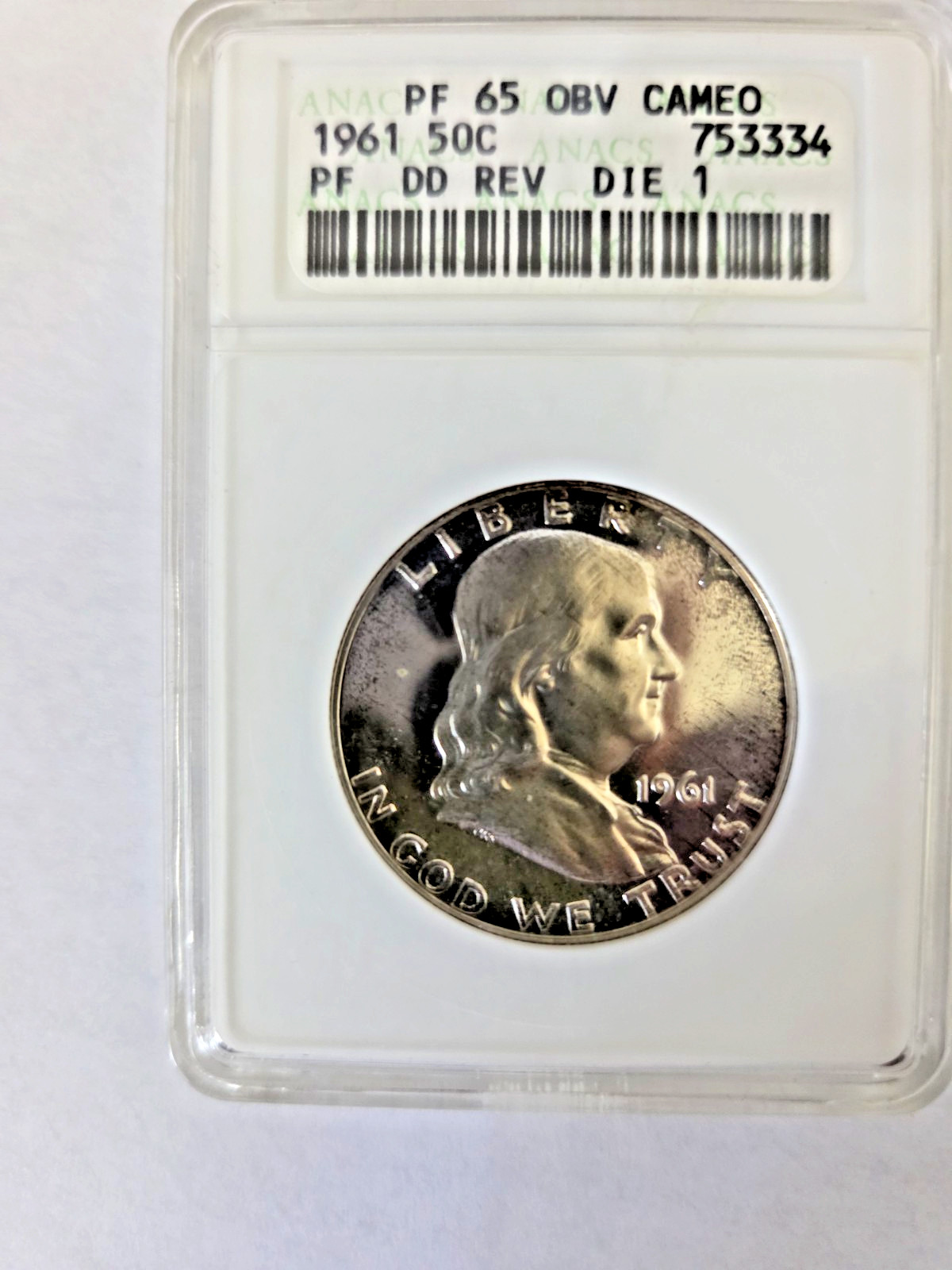 1961 “DDR” Die 1 PROOF FRANKLIN HALF DOLLAR ANACS PF65 OBV CAMEO Nice!