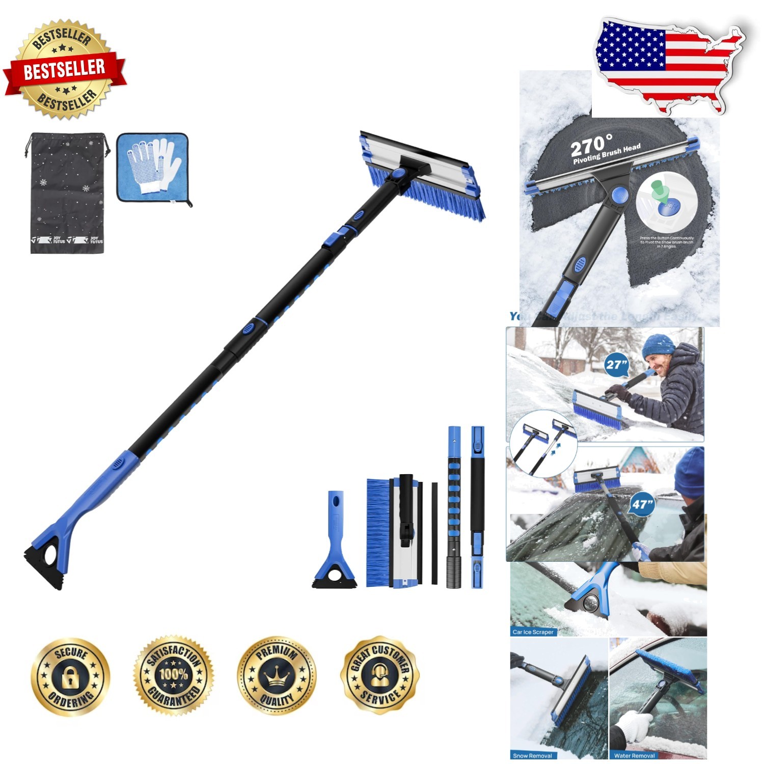 Heavy Duty Extendable Snow Brush Ice Scraper 47.7" Pivoting Blue Car Windshield