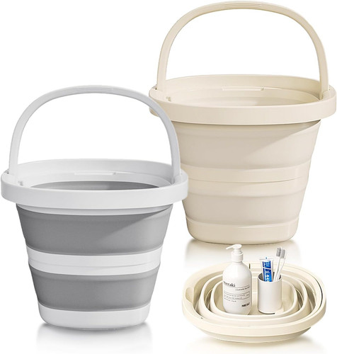 2-Pack Collapsible Buckets (2.6 Gallon/10L) - Foldable Grey White and Creamy