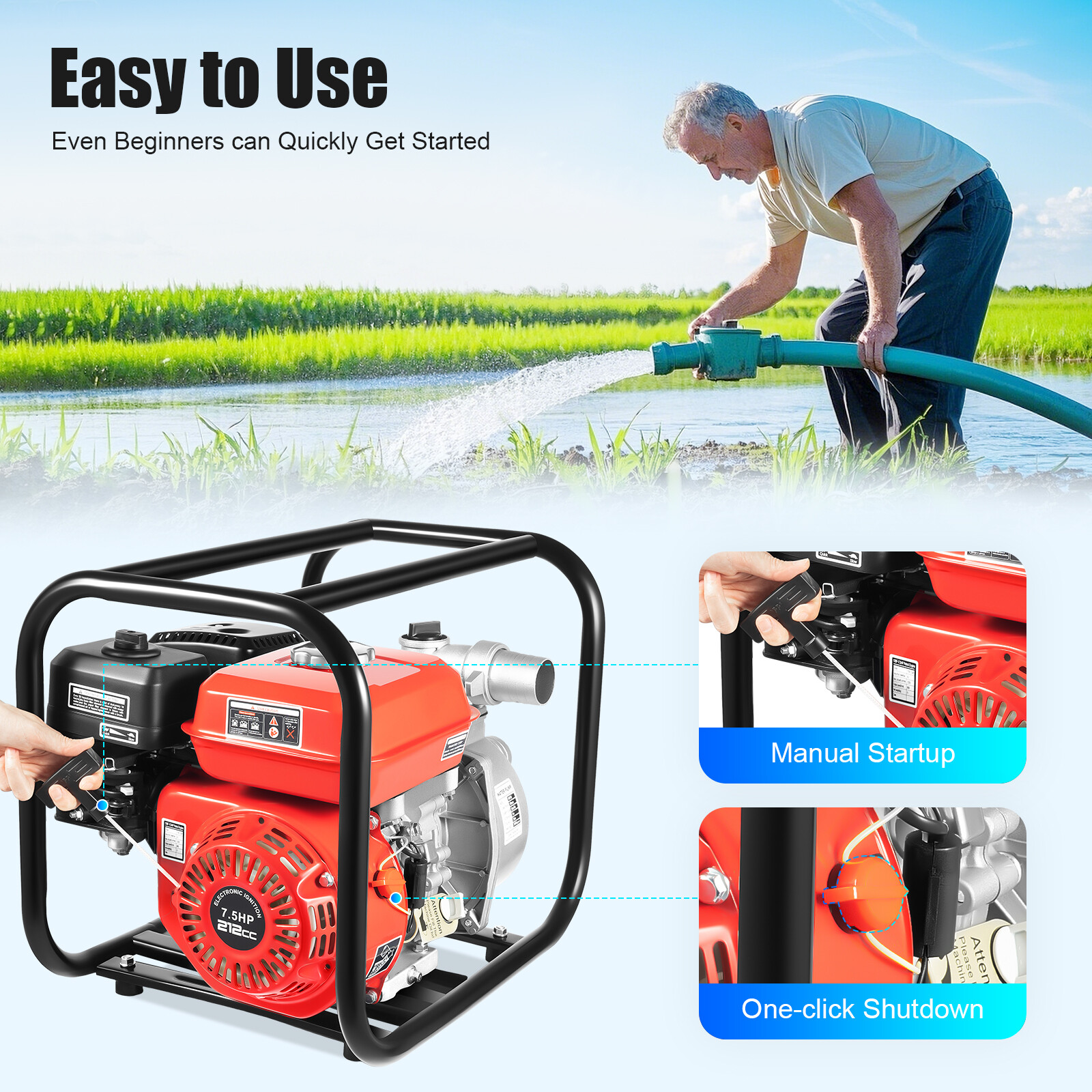 7.5 HP 2" Portable Gas Powered Water Pump Gasoline Water Pump w/ 7.5m Hose