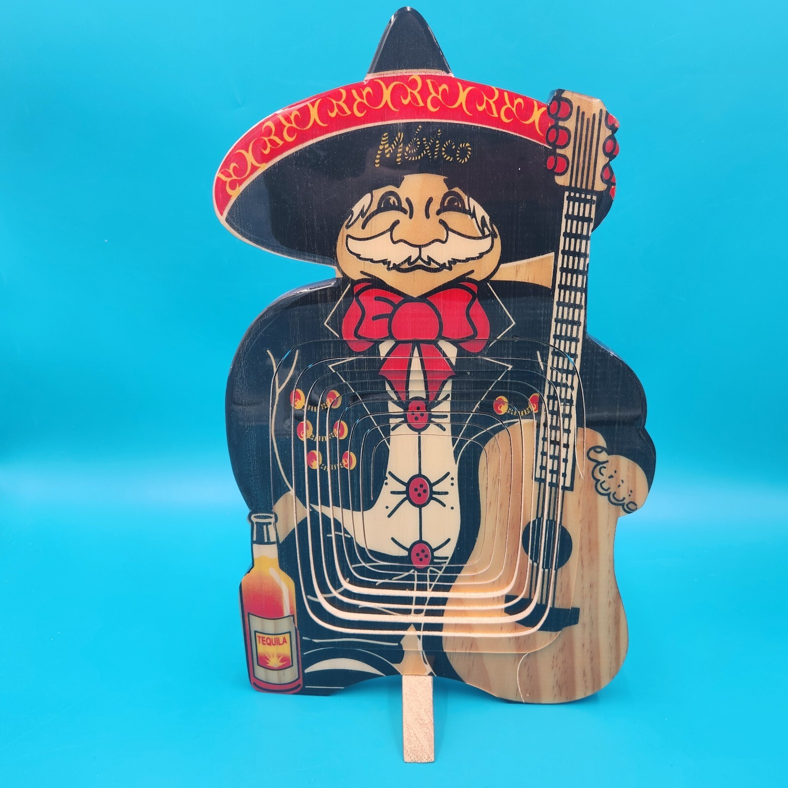 Collapsible Wooden Basket-Mexico Señor W/ Tequila  And Guitar