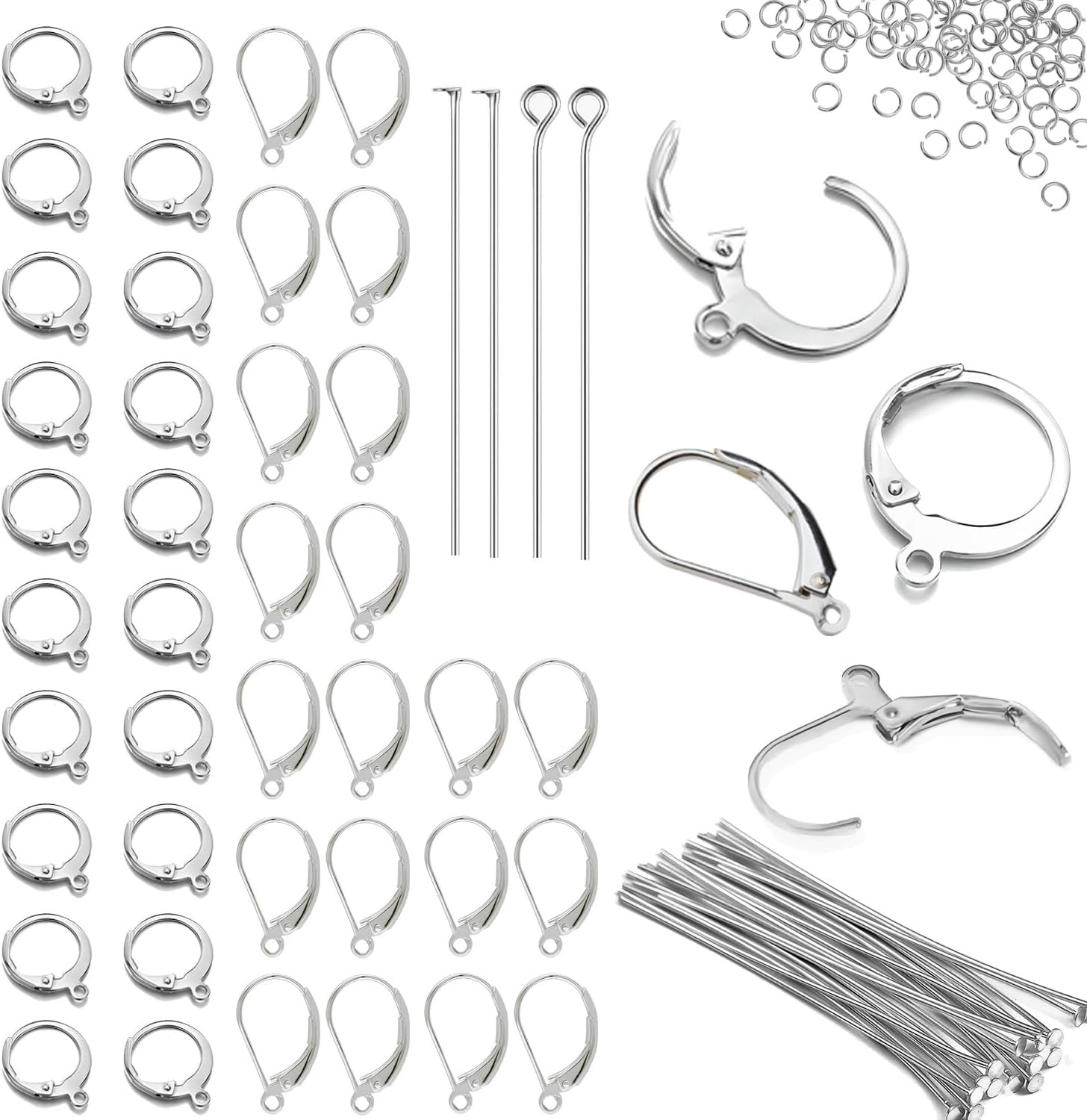 180Pcs Leverback Hooks & Pins, Earring Making Kit (Silver) | Stainless Steel, Fa