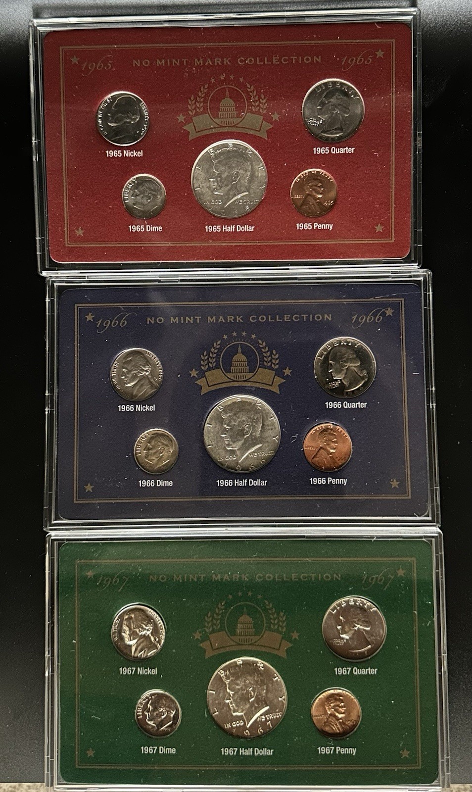 1965, 1966, 1967 No Mint Mark Collections in Protective Display Cases