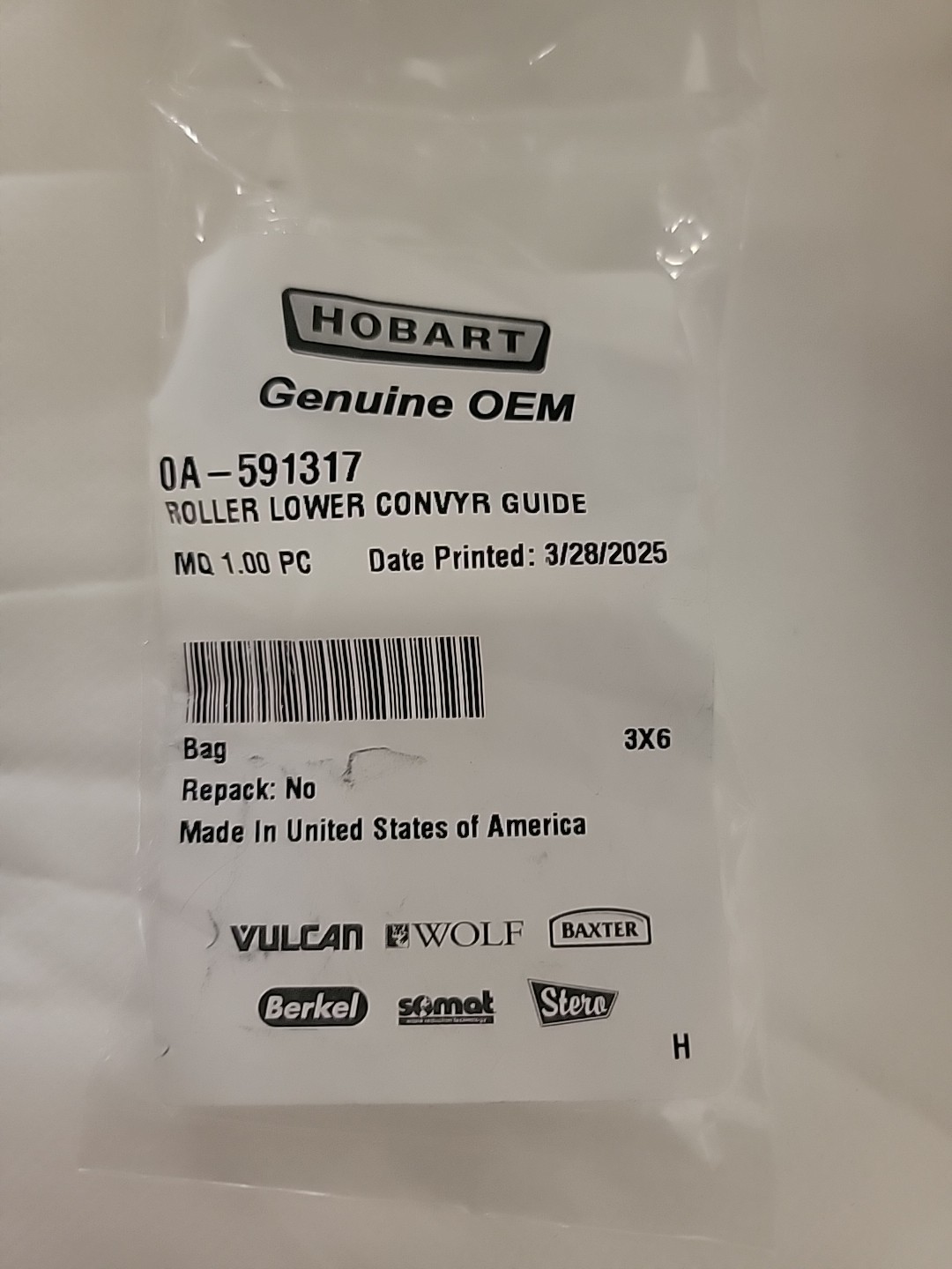 Hobart  0A-591317 Roller Lower Convyr Guide Commercial Appliance New!