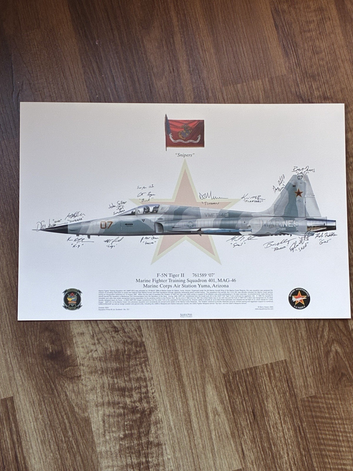 ULTRA RARE: 14-Pilot Signed VMFT-401 "Snipers" F-5N Tiger II Print – 2004 MCAS