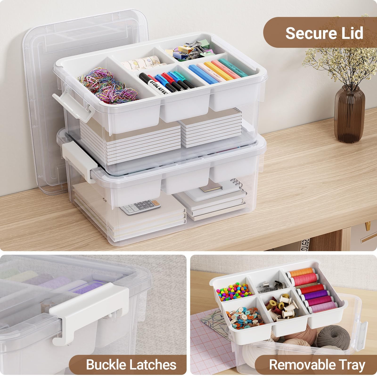 40Qt Stackable Storage Bins with Lids & Trays, Clear Plastic Latching Boxes O...