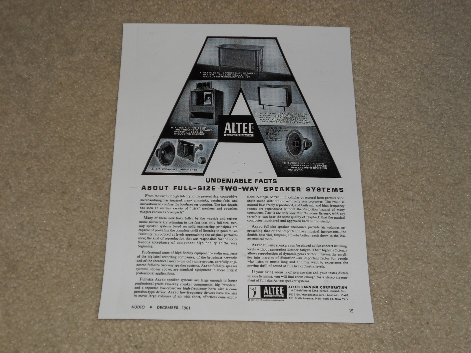Altec A-7 Voice of the Theater, 605a, 838a, 831a Speaker Ad, 1961, 1 page