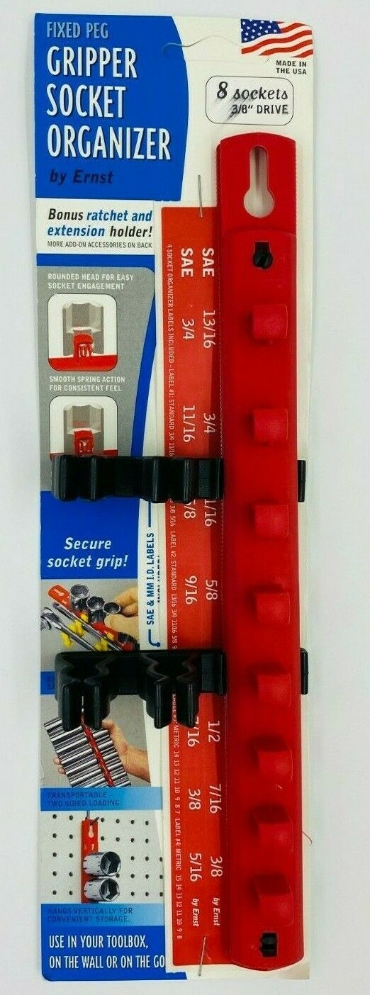 Ernst 8040 Red 3/8 Inch Drive Fixed Peg Socket Organizer with Holder