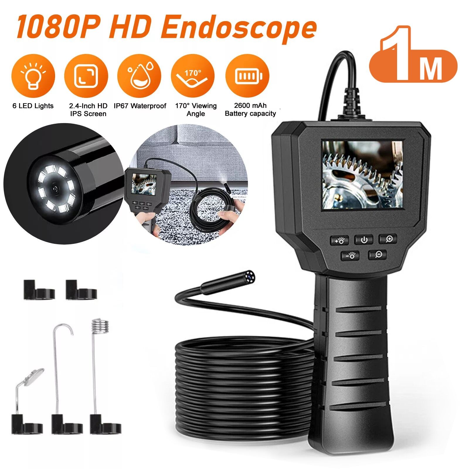 1M 1080P 6LED Borescope 2.4" Screen IP67 Waterproof Handheld Endoscope Camera