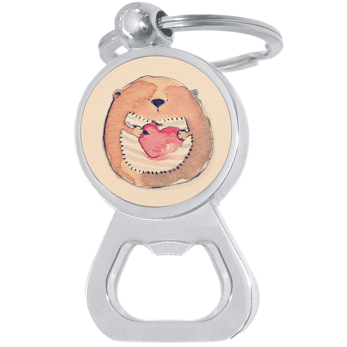 Watercolor Bear Heart Bottle Opener Keychain - Metal Beer Bar Tool Key Ring