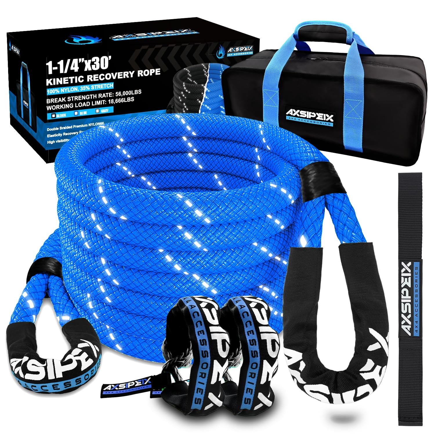 New Best Kinetic Recovery Rope Kit Reflective, 1.25in x 30ft 56,000Lbs, 35 High