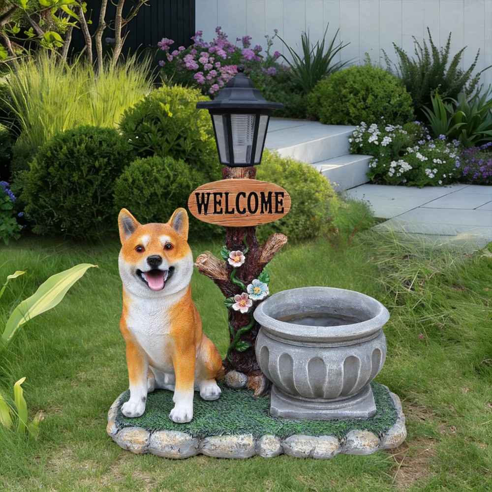 Akita Dog Garden Statue w/ Planter, Brown Resin Outdoor Decor, Gift Idea