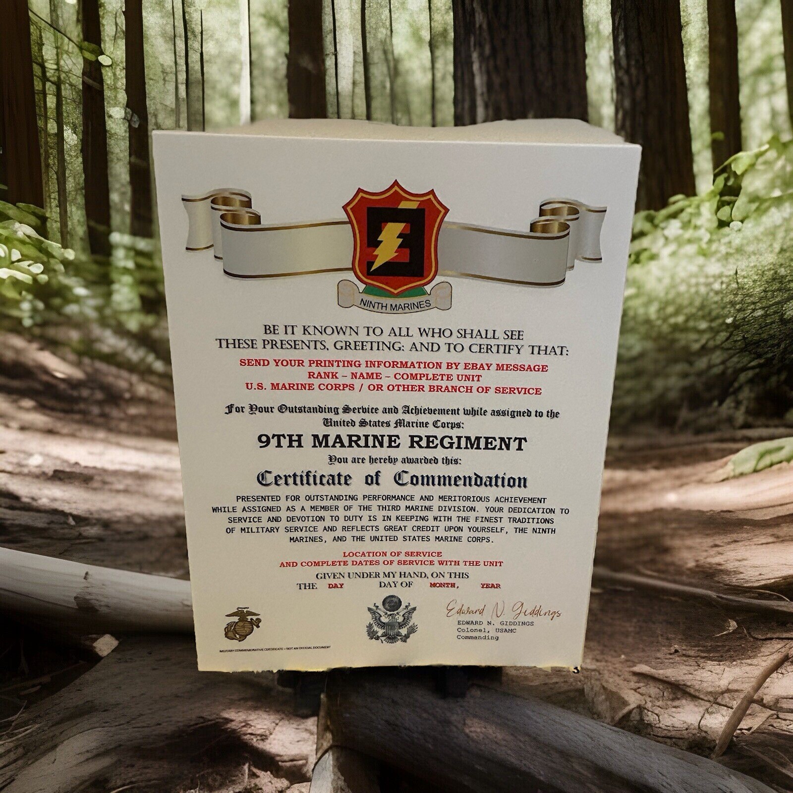 U.S. MARINE CORPS / 9TH MARINE REGIMENT (3 MARDIV) - CERTIFICATE OF COMMENDATION