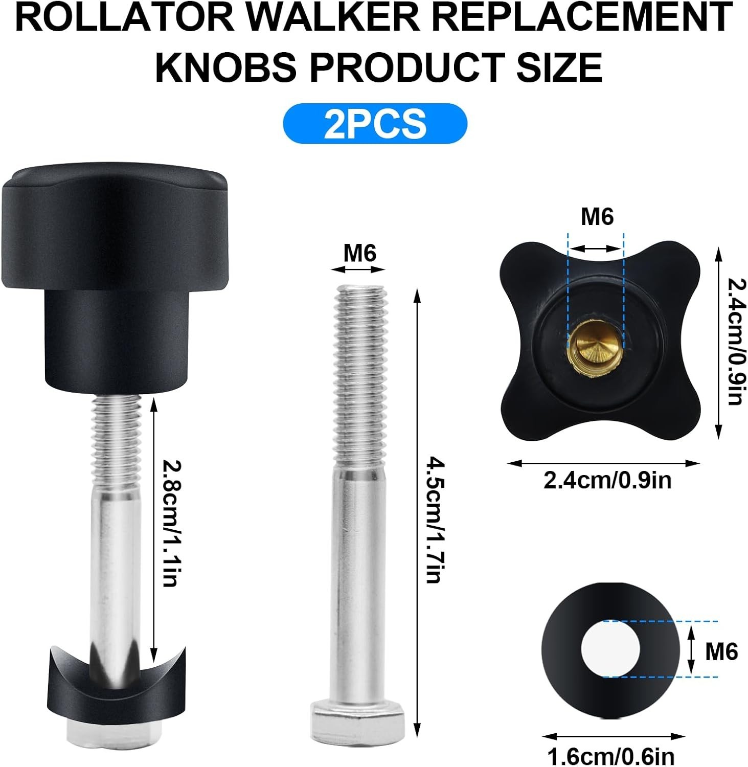 2PCS Rollator Walker Replacement Knob M6 Track Bolt Adjustment