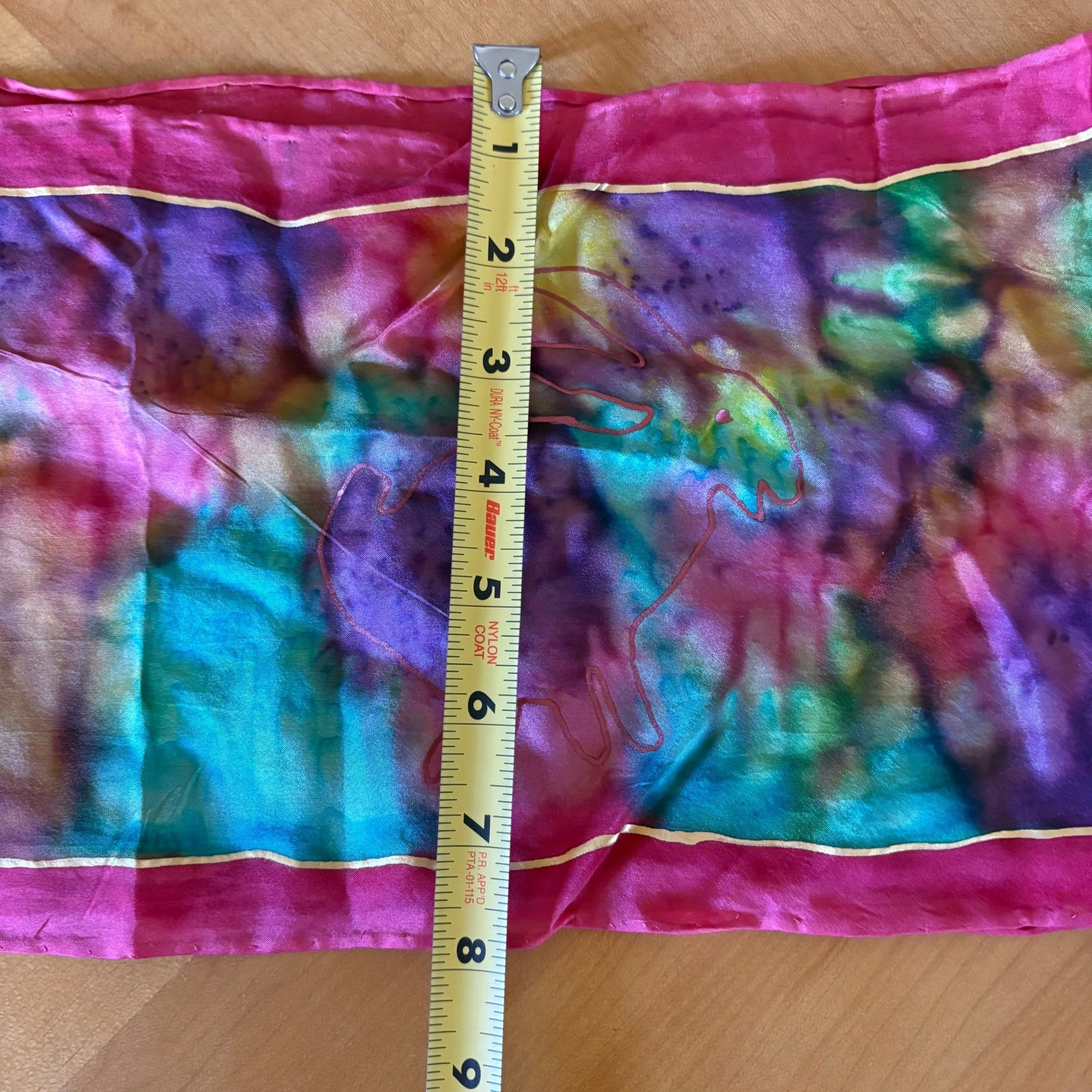 Hand Painted Silk Scarf 65x8 Multicolor Rabbit Artist Signed